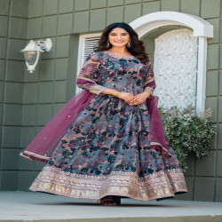 Premium Designer Floral Printed Taby Silk Readymade Gown with Net Dupatta